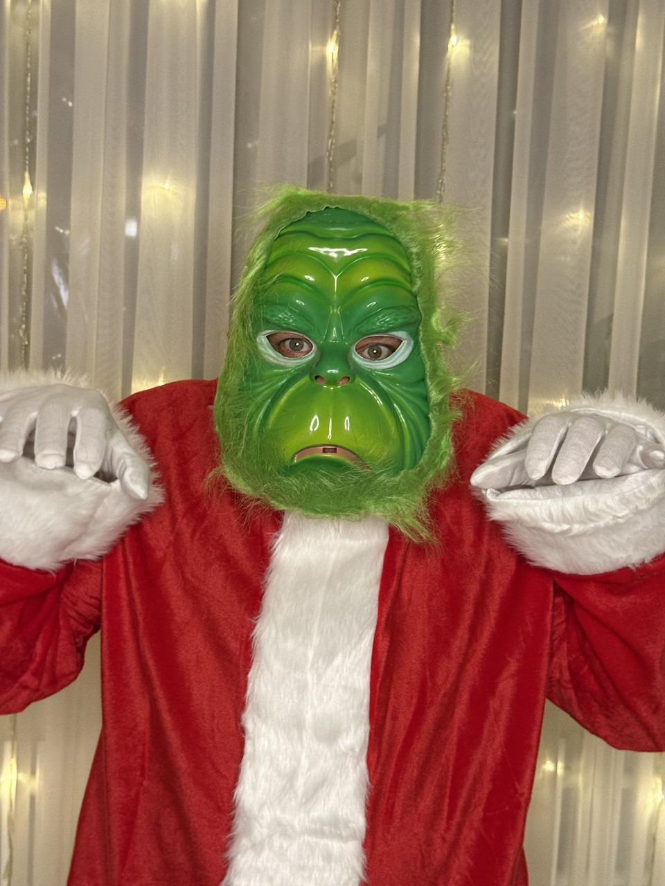 Маска Грінча — реалістична, новорічна, з хутром, для костюма, карнавальна маска, фото 1