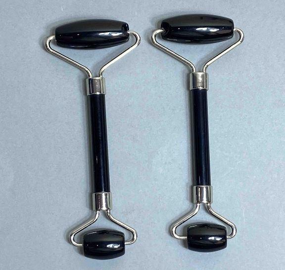 Уцінка! Масажер з каменю Агат чорний двосторонній L-14,5см сріблястий метал (пошкоджений край більшого ролика), фото 1