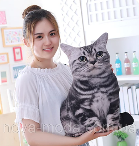Інтер'єрна подушка кіт, подушка на диван сірий кіт, подушка 3D, фото 1