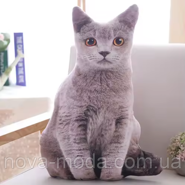 Декоративна подушка кіт, подушка на диван сірий кіт, подушка 3D кіт, фото 1