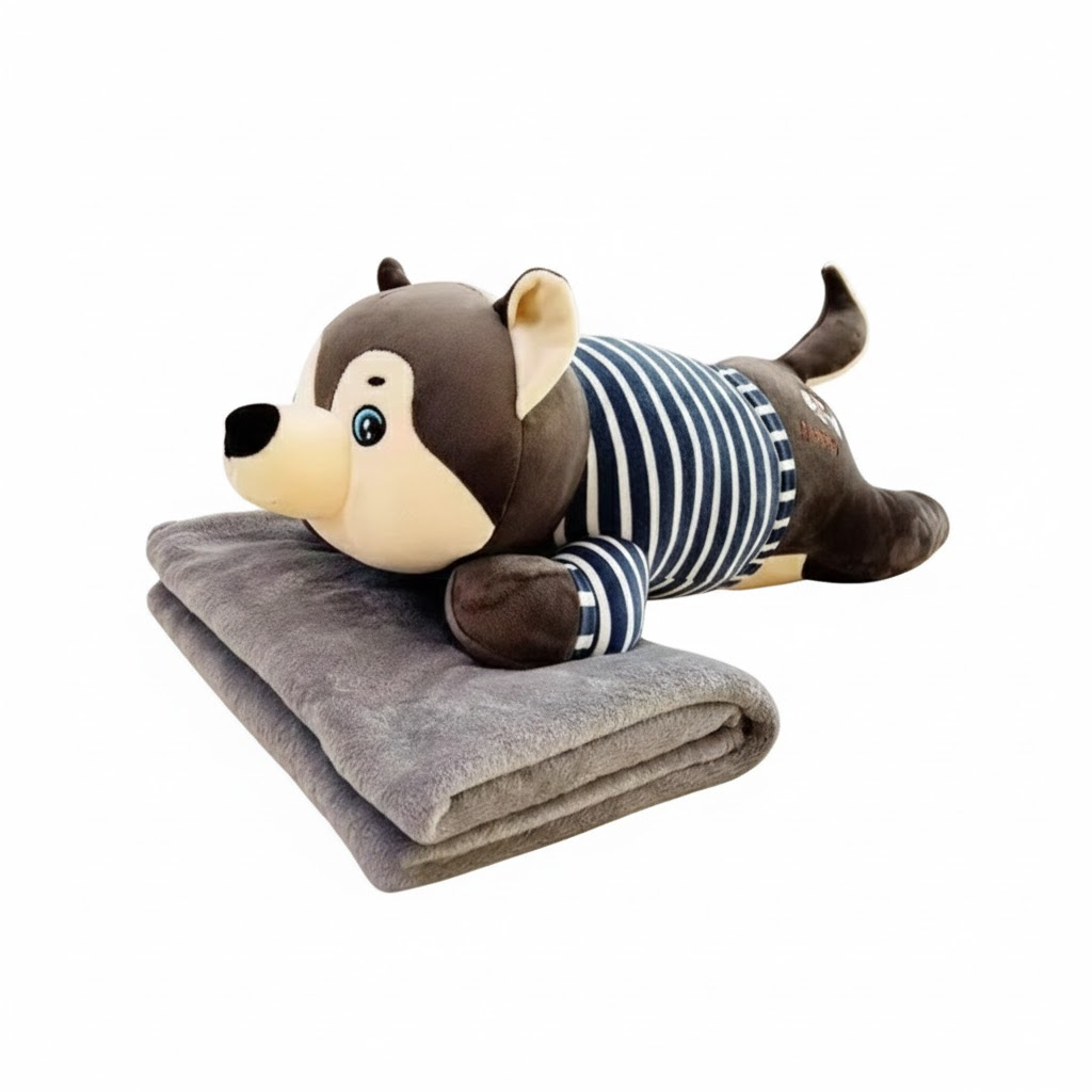 Плед-іграшка подушка 3 в 1 Собака Хаскі-матрос 110х150 см коричневий, плюшевий песик тільняшка трансформер дитячий подарунок, фото 1