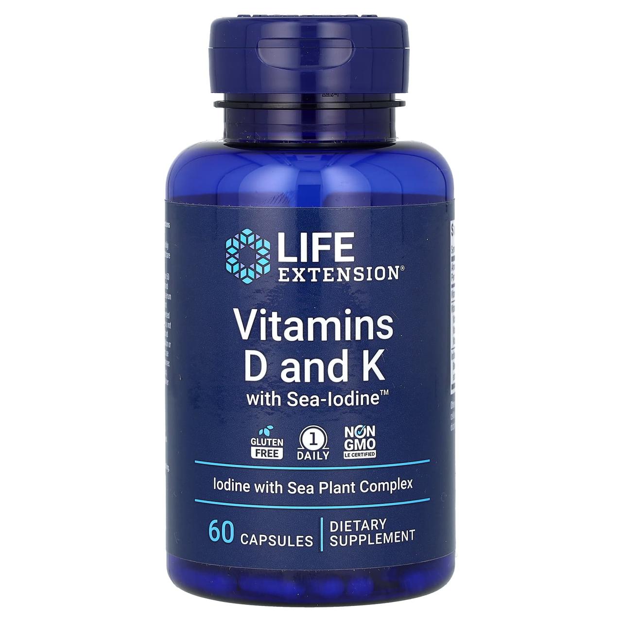 Вітамін D і К з йодом, Vitamins D and K with Sea-Iodine, Life Extension, 60 капсул