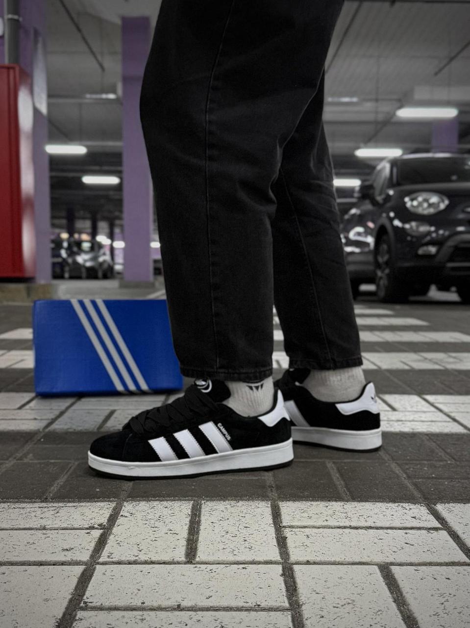 Зимові кеди Adidas Campus чорно-білі з хутром, чоловічі замшеві кросівки Адідас Кампус на зиму, фото 1