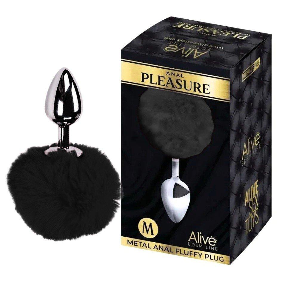 Анальний корок Alive Anal Pleasure M з чорним хутром, сріблястий, 8 х 3.5 см, фото 1