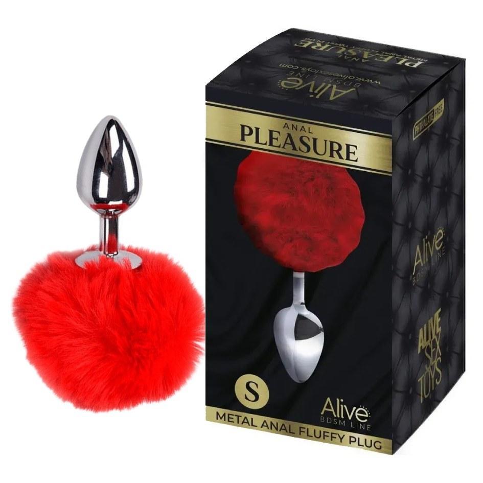 Анальний корок Alive Anal Pleasure S з червоним хутром, сріблястий, 7 х 3.2 см, фото 1