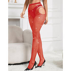 Колготи в сіточку Star Night зі стразами, з доступом, червоні, XS-M