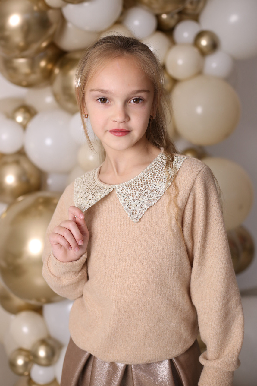 Светр для дівчинки ошатний з мереживним коміром бежевий SmileTime, Fiesta, фото 1