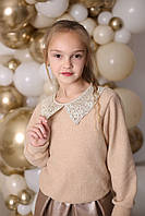 Светр для дівчинки ошатний з мереживним коміром бежевий SmileTime, Fiesta