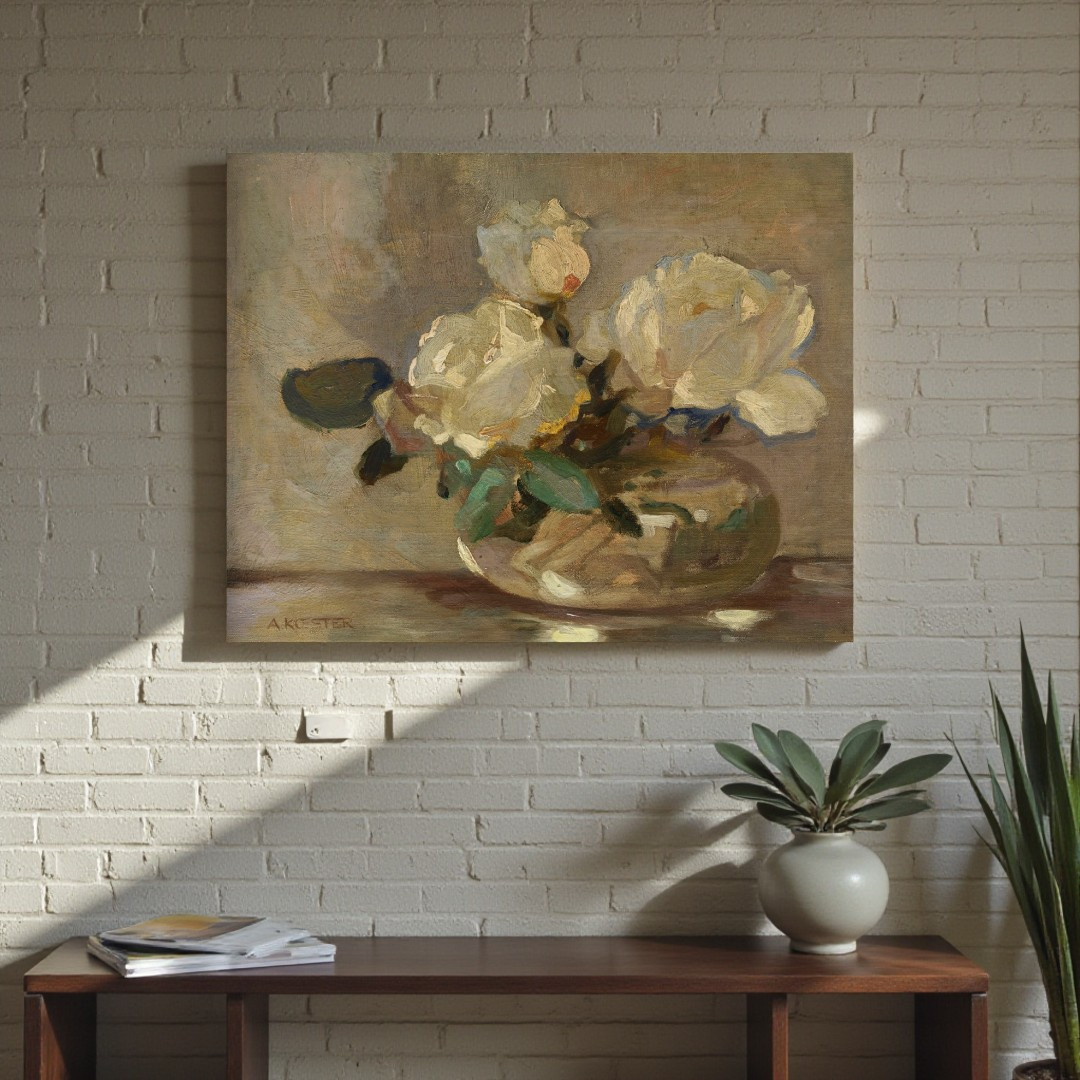 Картина «Білі троянди у вазі» вінтажний квітковий натюрморт для спальні або вітальні Друк на полотні 60x46 см, фото 1
