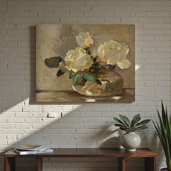 Картина «Білі троянди у вазі» вінтажний квітковий натюрморт для спальні або вітальні Друк на полотні 60x46 см