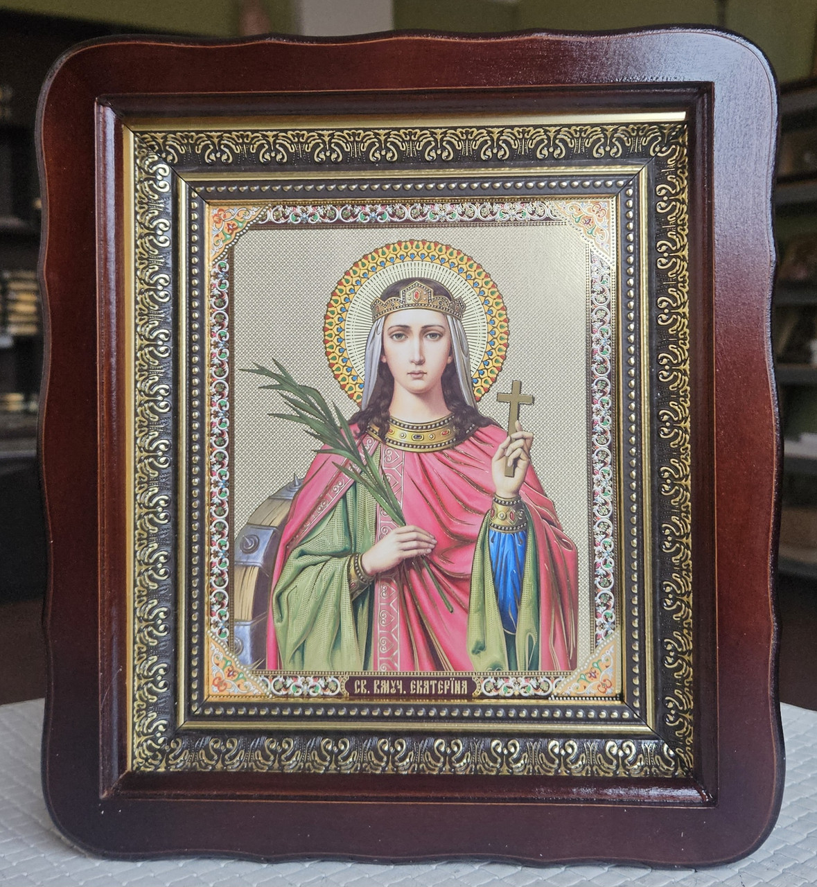Ікона Свята Великомучениця Катерина в темному дерев'яному кіоті під склом, розмір кіота 26*23, сюжет 15*18., фото 1