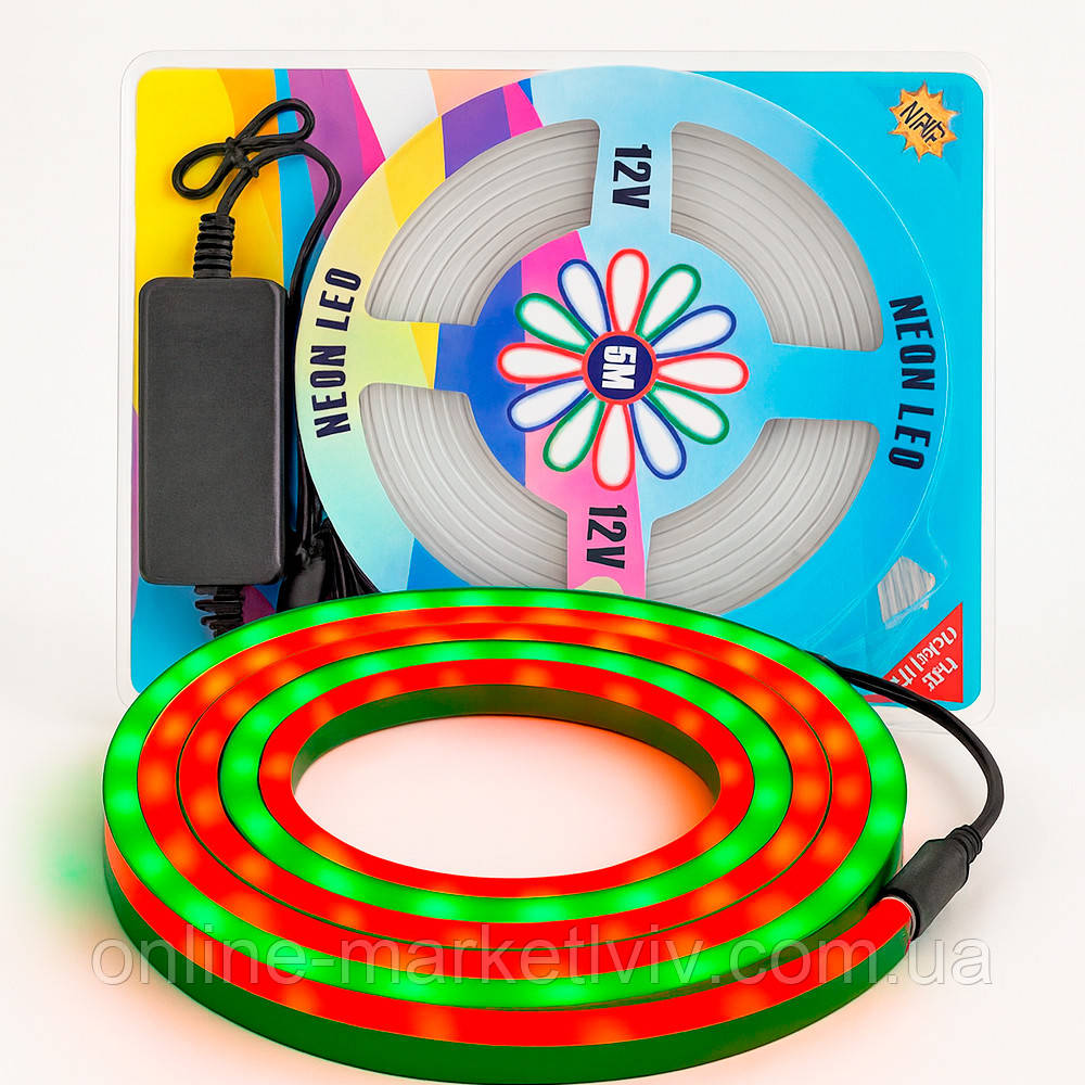 Неонова стрічка світлодіодна 5 м, LED NEON, 12V-220V, Різнокольоровий / RGB стрічка / Світлодіодне RGB підсвічування силіконове, фото 1