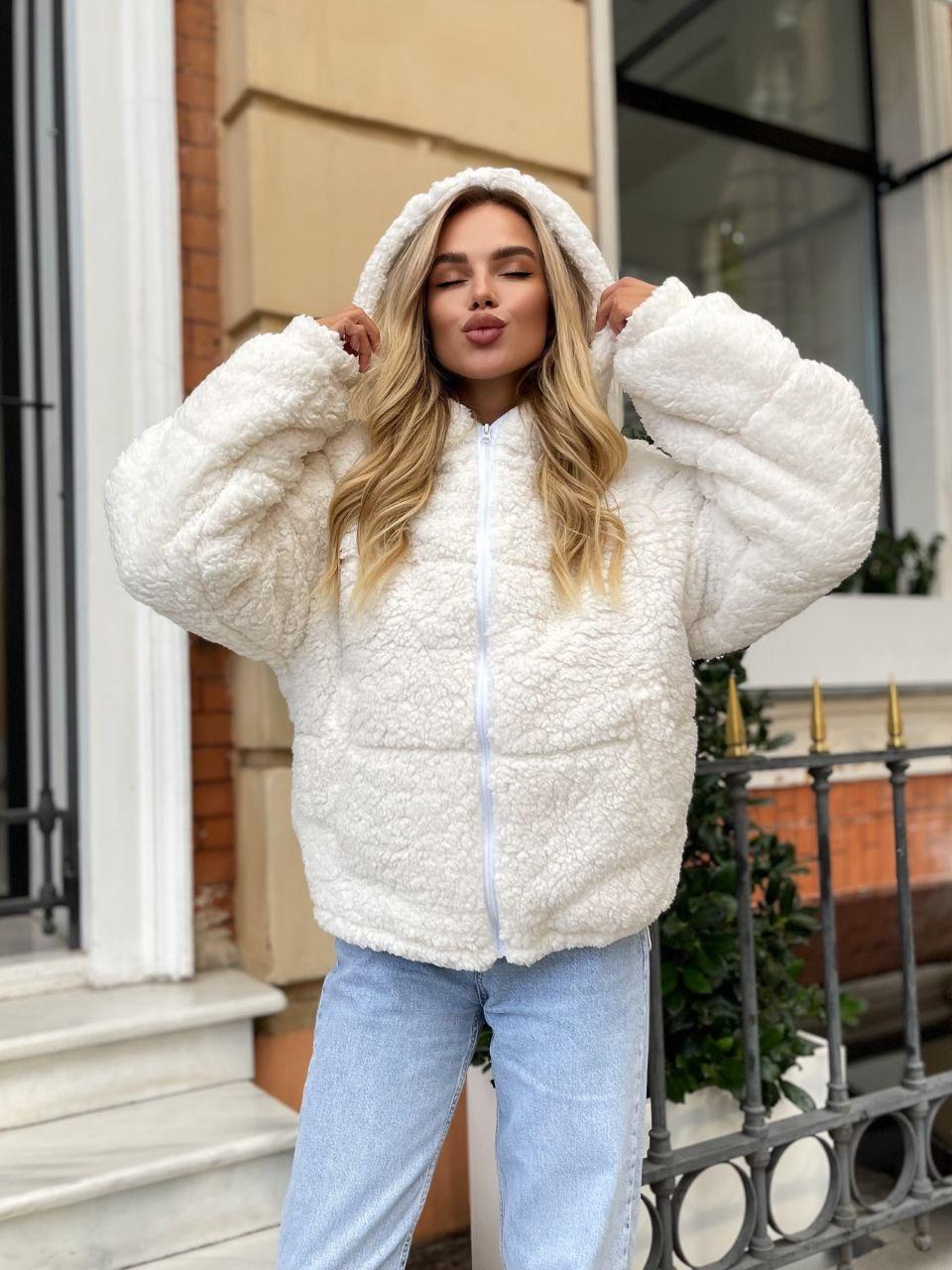 Хутряна утеплена куртка білого кольору, фото 1