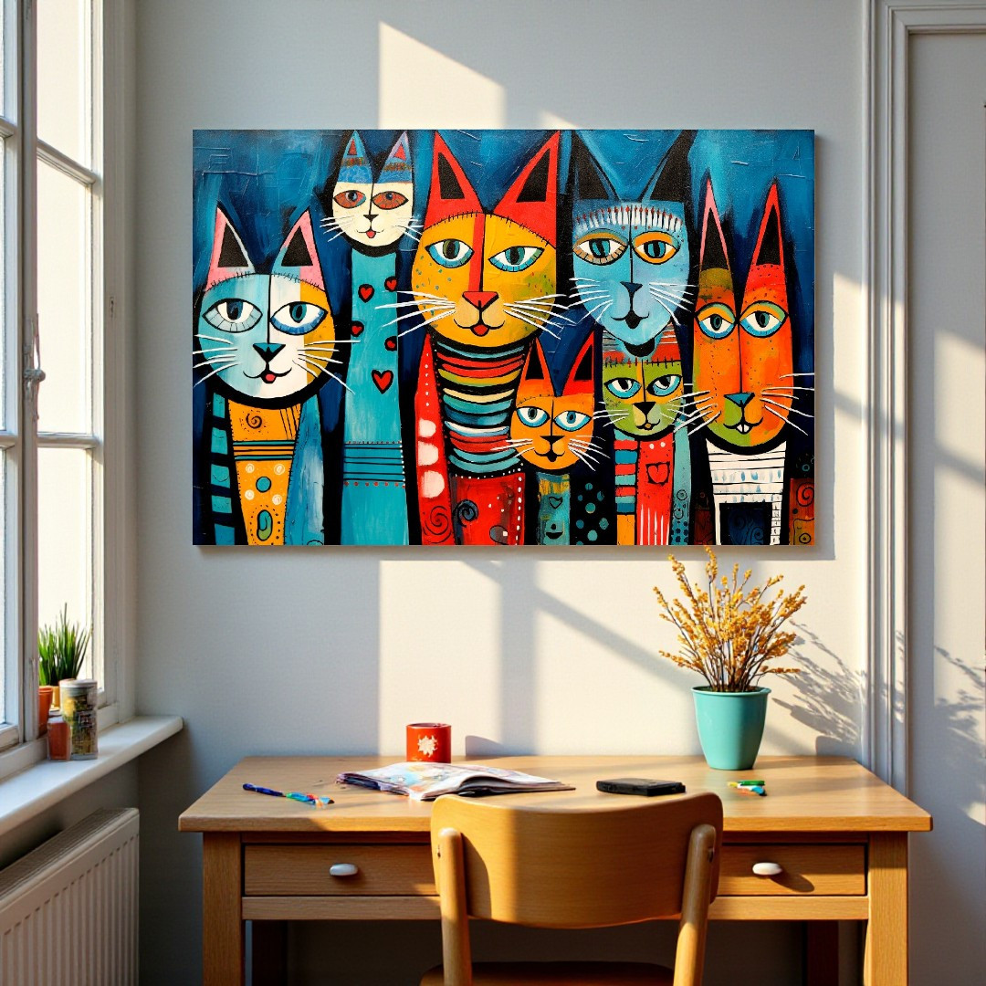 Картина “Веселі Коти” Яскравий абстрактний декор на стіну для дитячої кімнати Друк на полотні 60х40 см, фото 1