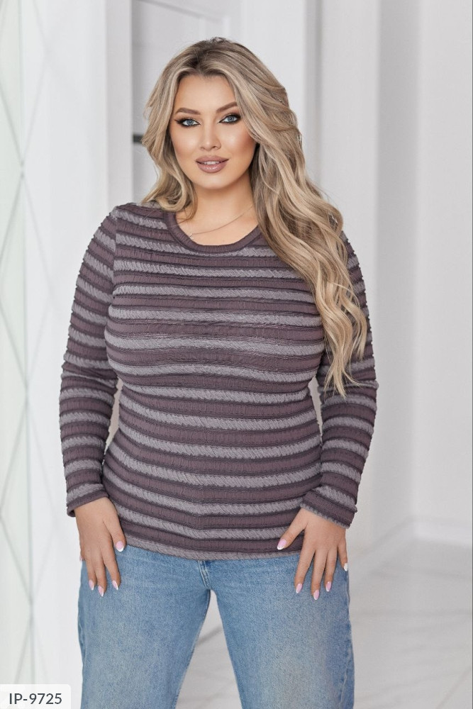 Лонгслів жіночий стильний зручний повсякденний у смужку з круглим вирізом стрейчевий великі розміри
