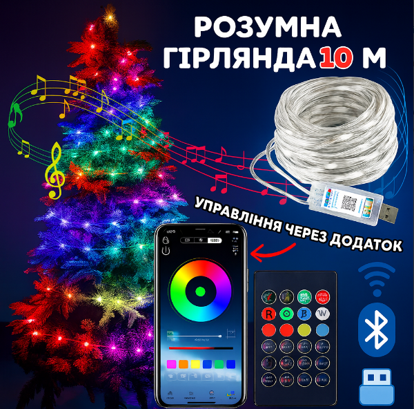 Світодіодна Led гірлянда Smart Bluetooth на ялинку на стіну для декорування дому на вулицу вологозахист IP65 10м, фото 1