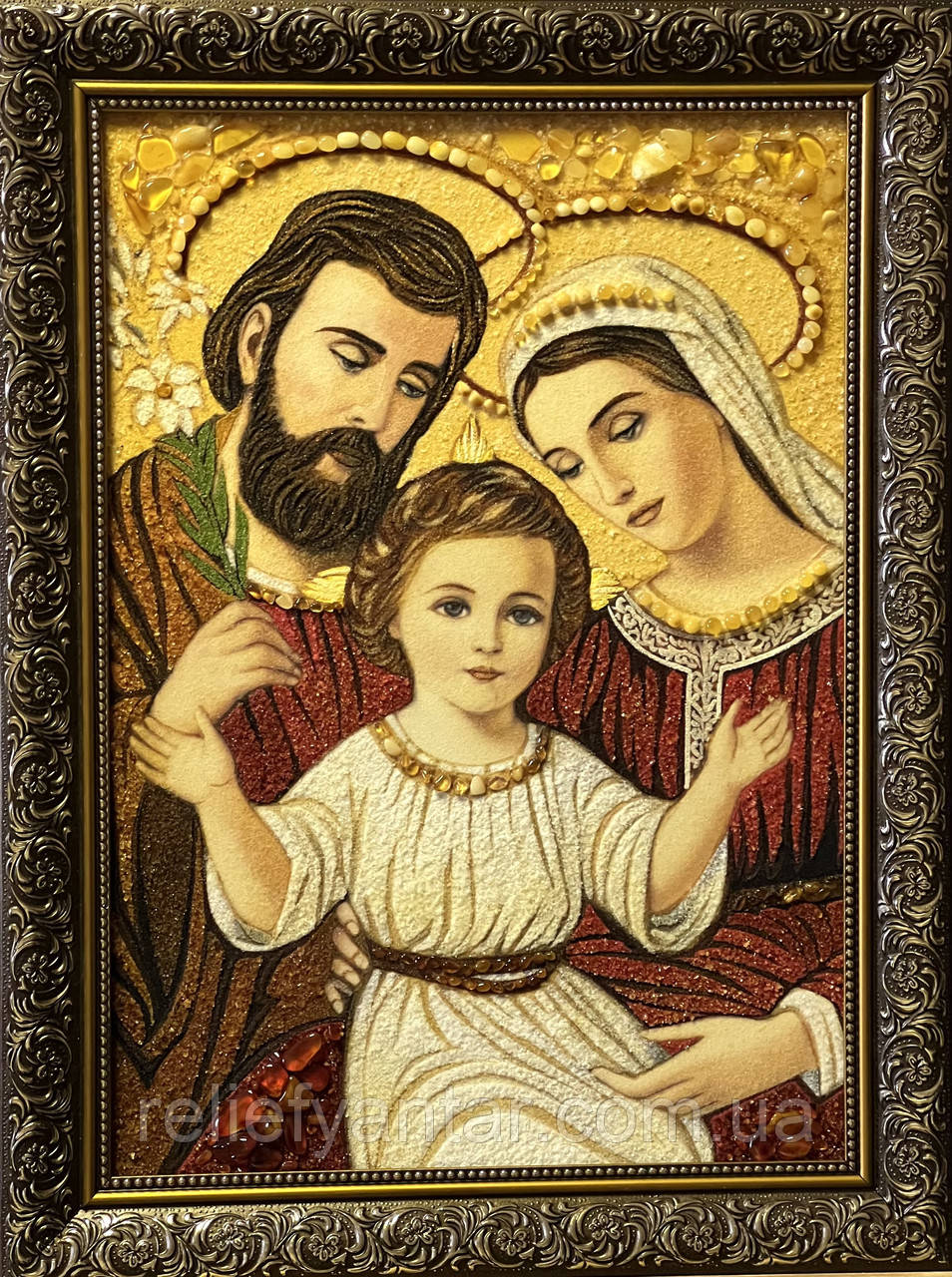 Ікона янтарна "Святе сімейство" Ікона з бурштину "Сім'я Святих" 30*40 см, фото 1