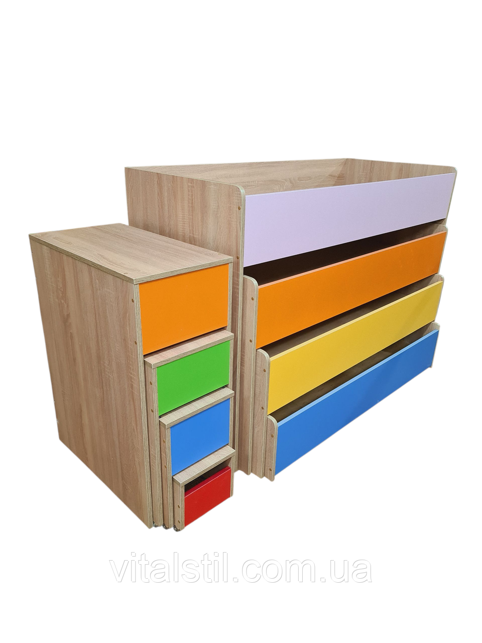 Ліжко дитяче 4-х ярусне без матраца з кольоровими фасадами та сходами, фото 1