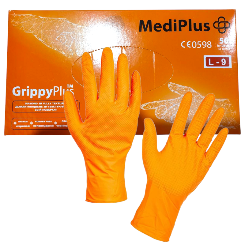 Рукавиці медичні MediPlus GrippyPlus L-9 жовтогарячі (25пар/пач), захисні рукавички