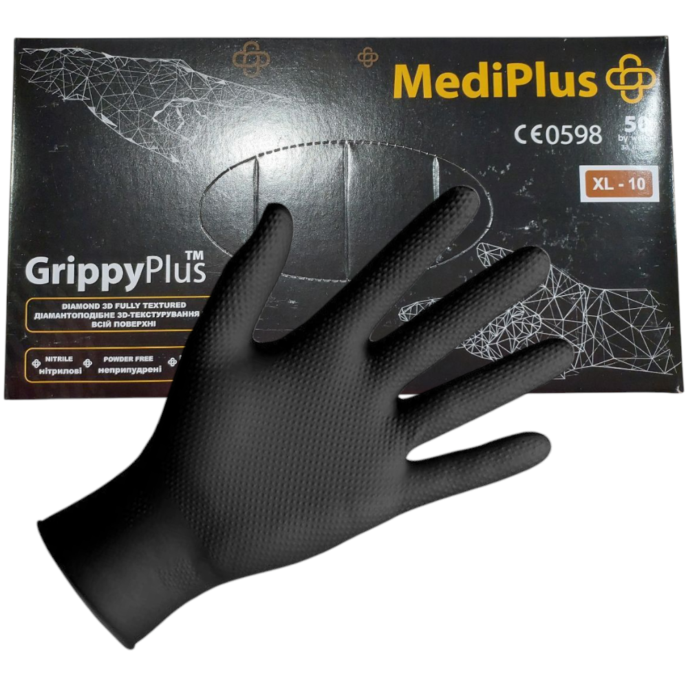 Рукавиці медичні MediPlus GrippyPlus XL-10 чорні (25пар/пач), захисні рукавички