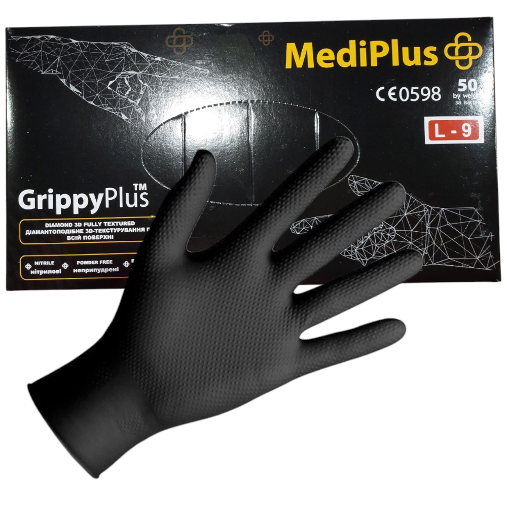 Рукавиці медичні MediPlus GrippyPlus L-9 чорні (25пар/пач),  одноразові рукавички