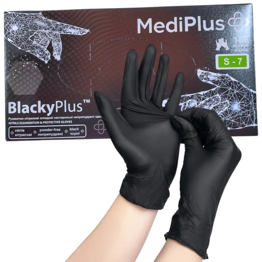 Рукавиці медичні MediPlus BlackyPlus S-7 чорні (50пар/пач), професійні чорні рукавички