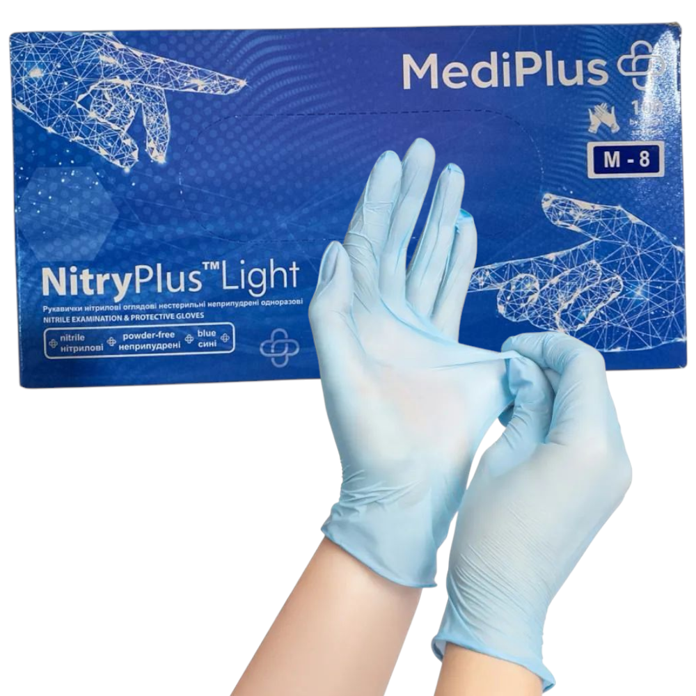 Рукавиці медичні MediPlus NitlyPlus Light M-8 сині (50пар/пач)