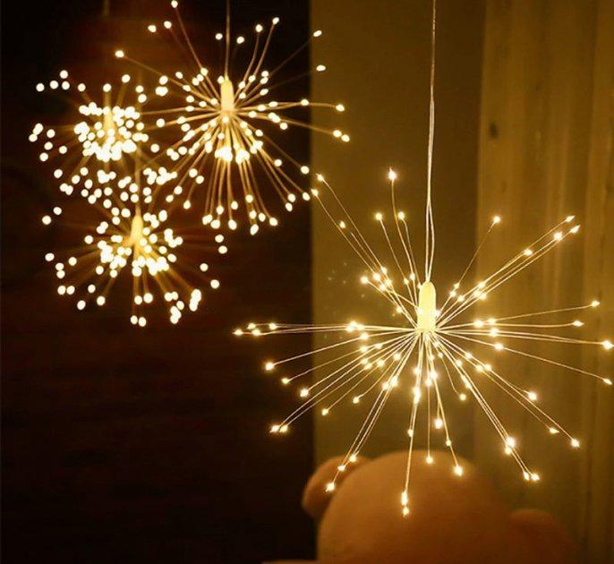 🔥 Гірлянда Роса світлодіодна LED Феєрверк, 5 пучків, на USB + батарейці, теплий білий колір (ZB-013-5 M)