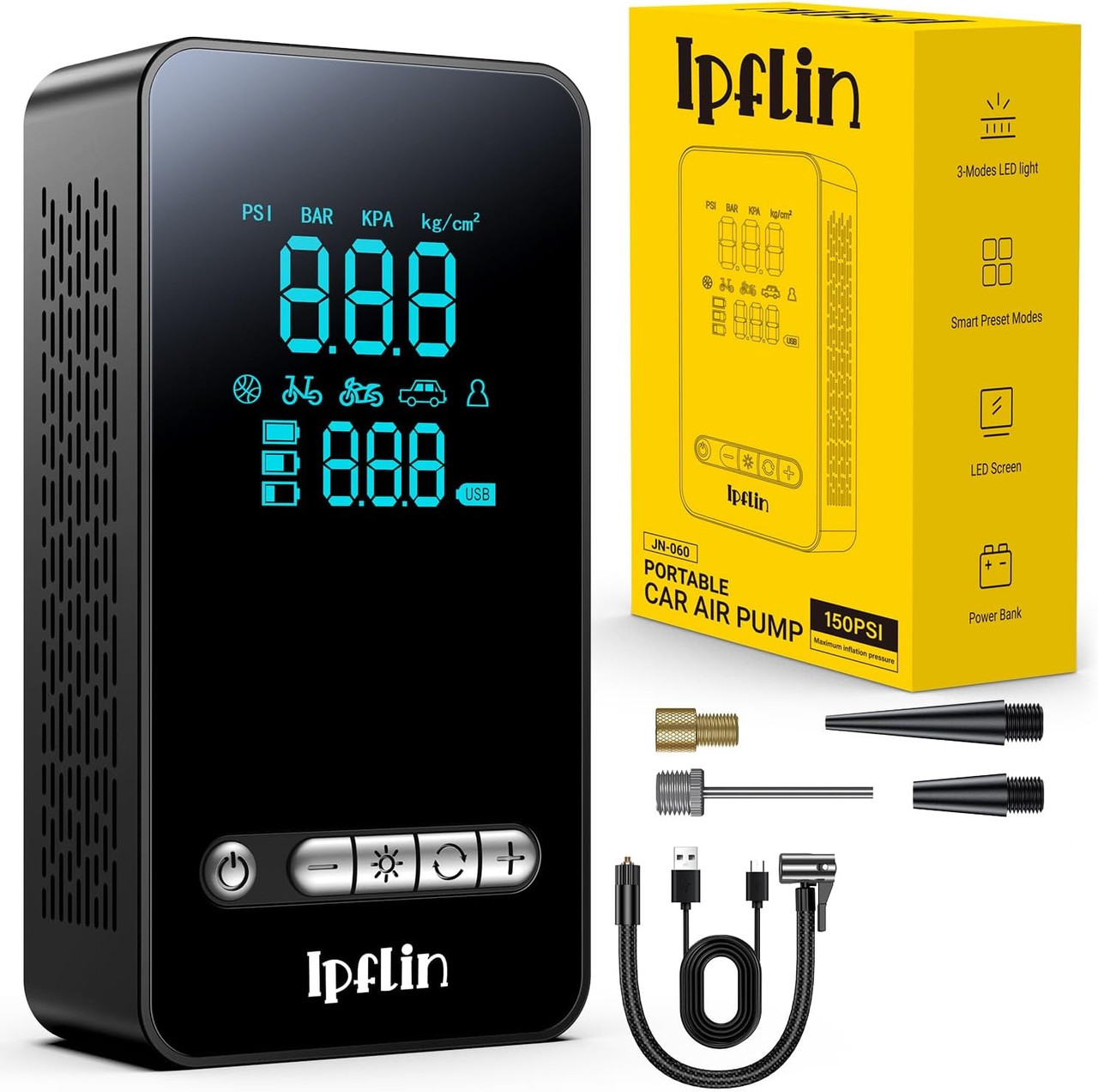 Ipflin JN-060 - Електричний портативний насос-компресор 150 PSI, акумуляторний 12В, 5000 мАг зі світлодіодним підсвічуванням, фото 1