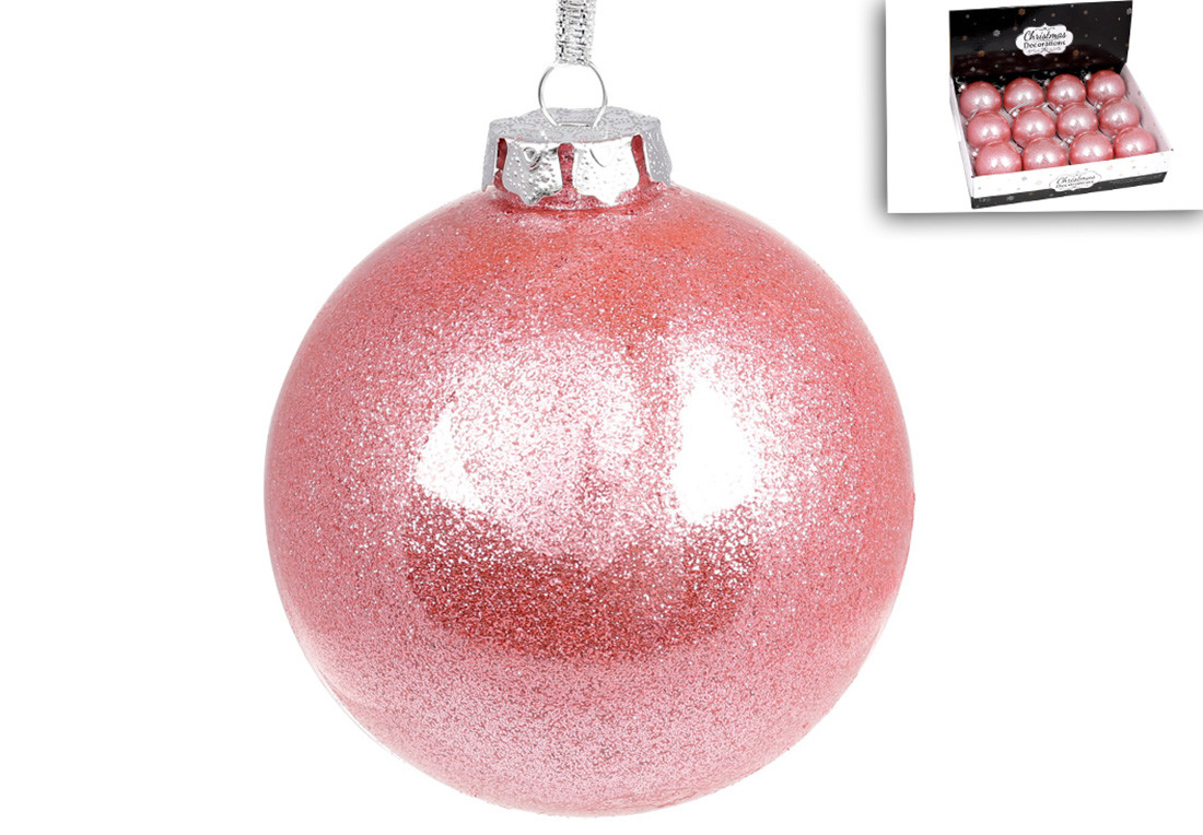 Ялинковий шар 10см, колір - рожевий з глітером всередині, набір -12 шт