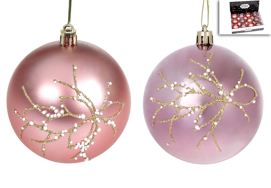 Ялинковий шар 8см: рожевий матовий та лавандовий глаянець із золотим візерунком, набір -12шт.
