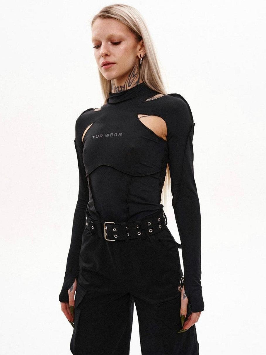 Жіночий лонгслів Роксі чорний з вирізами на плечах, топ з довгим рукавом та коміром-стійкою з біфлексу, фото 1