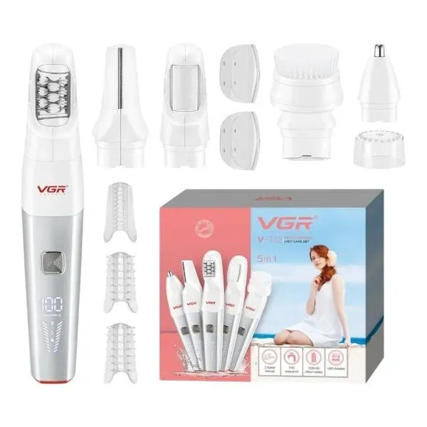 Епілятор акумуляторний 5в1 VGR V-752 IPX5 (тример, тример для носа, пемза, щітка) Червоний.