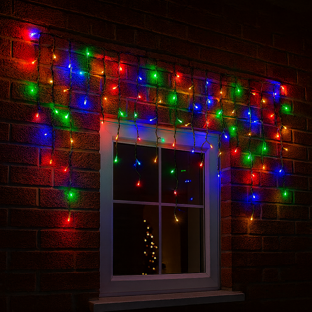 Вулична гірлянда бахрома 100 LED, 3x0,7м, чорний каучук, динамічний режим, 220В, IP65, Мультиколор