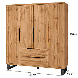 Шафа розстібна чотиристулкова Halle S 191 см дуб вотан на чорних металевих ніжках в стилі лофт