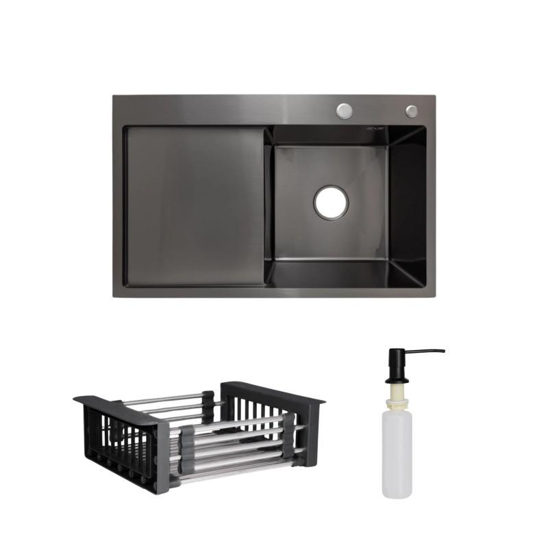 Комплект Lidz Handmade H7849BL Мийка для кухні інтегрована крило зліва BlackPVD у комплекті з дозатором + Lidz K01B Корзина для, фото 1
