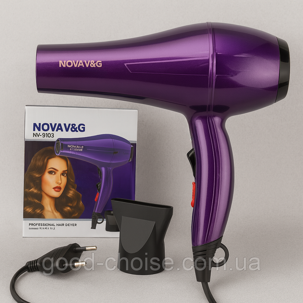 Фен NV-9103 Профі / Фен для сушіння волосся / Фен-стайлер з насадками, фото 1
