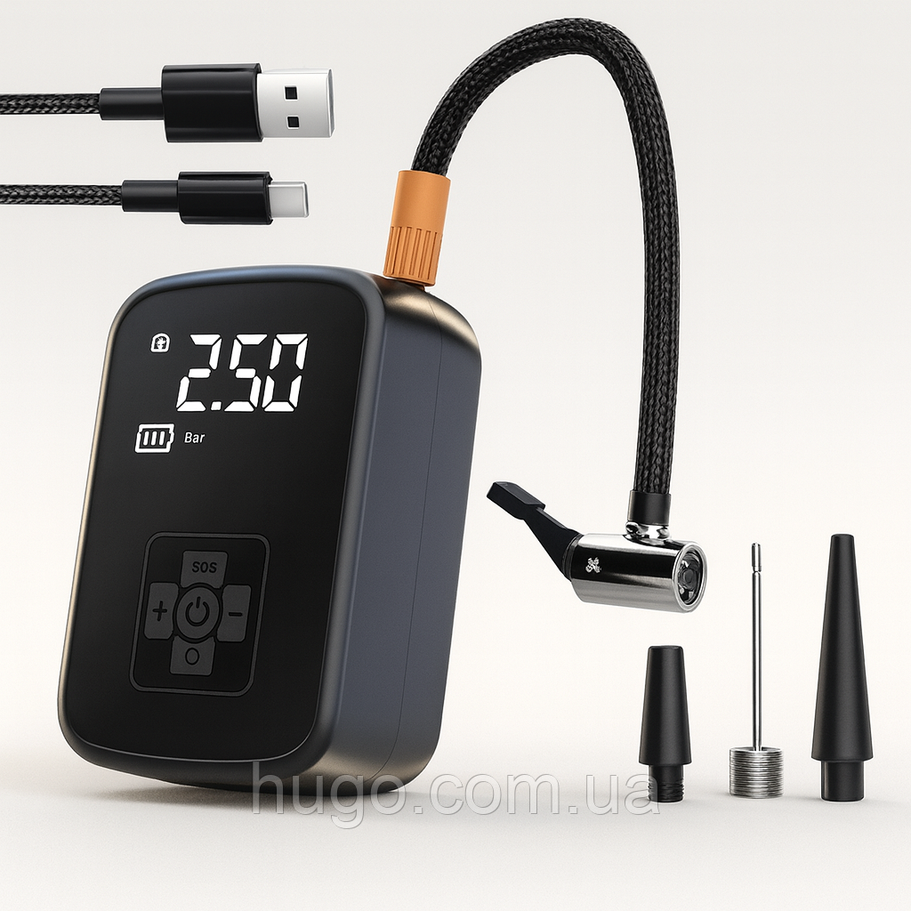 Портативний компресор для авто з акумулятором 1800 мАг, USB-зарядка та 3 адаптери / Портативний автокомпресор / Компресор для шин, фото 1