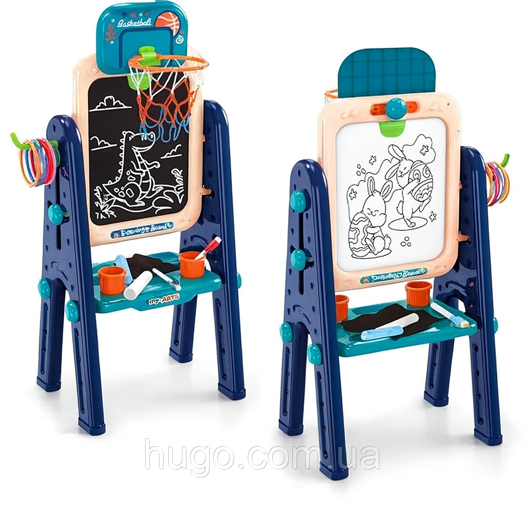Магнітний дитячий мольберт-дошка 4в1, 86х30 см / Дитячий мольберт двосторонній / Кільце для баскетболу /Набір для творчості, фото 1