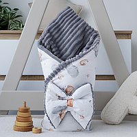 Конверт-плед зі з‘ємним утеплювачем для новонароджених 90×80 з бантом (Ведмедик Сірий Плюш)