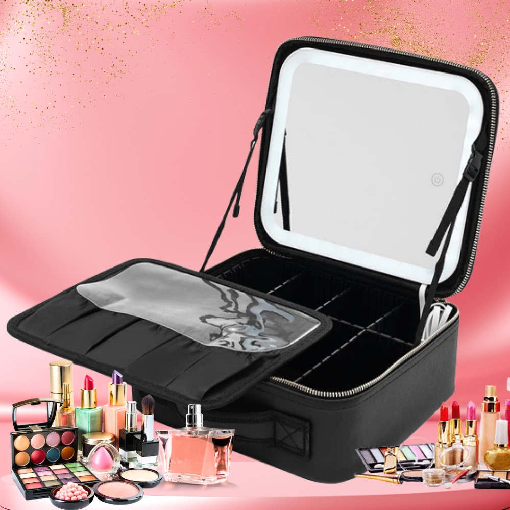 Косметичка органайзер з дзеркалом та підсвіткою містка сумка для косметики дорожня, фото 1