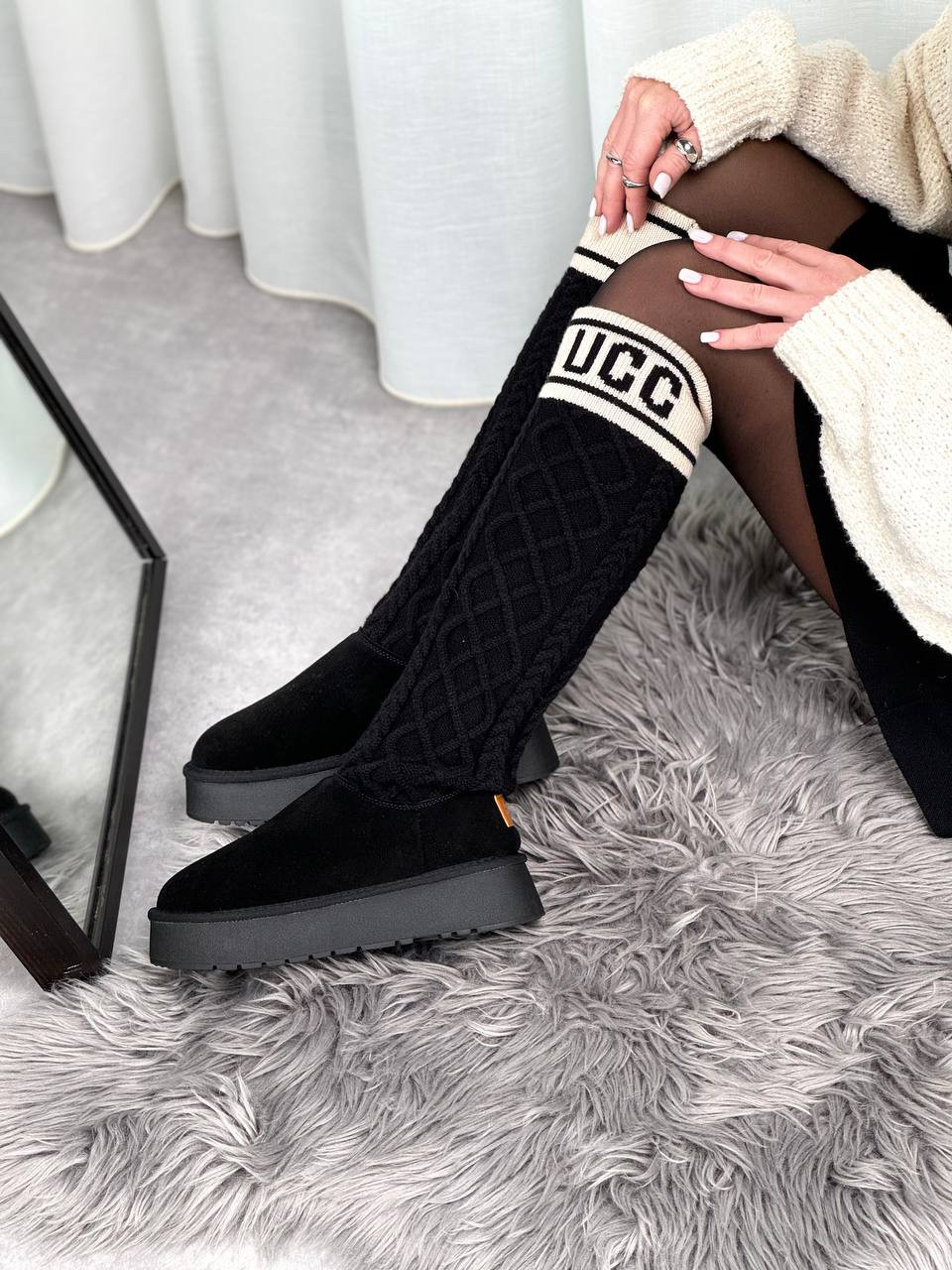 Жіночі високі уги, жіночі уги на високій підошві, уги з панчохою, уги чоботи, фото 1