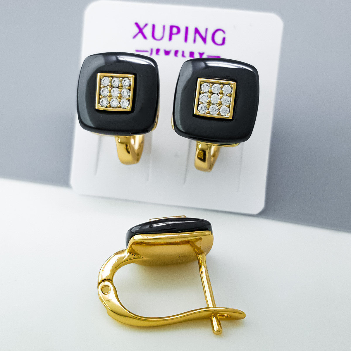 Сережки Геометрія з чорною керамікою; англійський замок; медичне золото 18К Xuping, фото 1