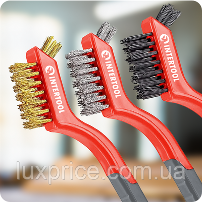 Набір щіток ручних, 180 мм, 3 од. (сталь, латунь, нейлон), прогумовані ручки INTERTOOL BT-0006LuxPrice, фото 1