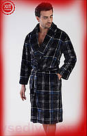 VDD Мужской халат велсофт Lite Pro махровый черный-синий с шалевым воротником для дома и отдыха теплый VDD11-S
