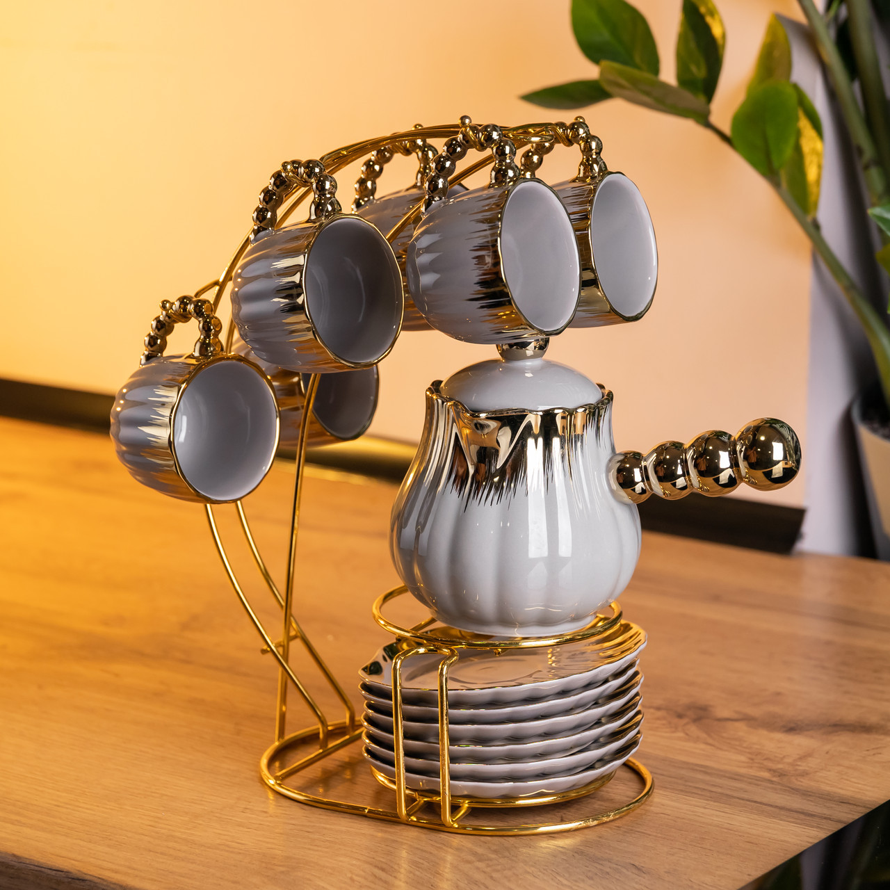 Кавовий сервіз на підставці з туркою 450 (мл) 6 чашок по 90 (мл) подарунковий набір чашок на підставці Сірий із золотом FM-JJ-4, фото 1