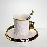 Чашка порцелянова для кави 200 (мл) з блюдцем і ложкою, гарна чашка в подарунок Білий із золотом FM-1B, фото 4