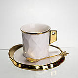 Чашка порцелянова для кави 200 (мл) з блюдцем і ложкою, гарна чашка в подарунок Білий із золотом FM-1B, фото 5