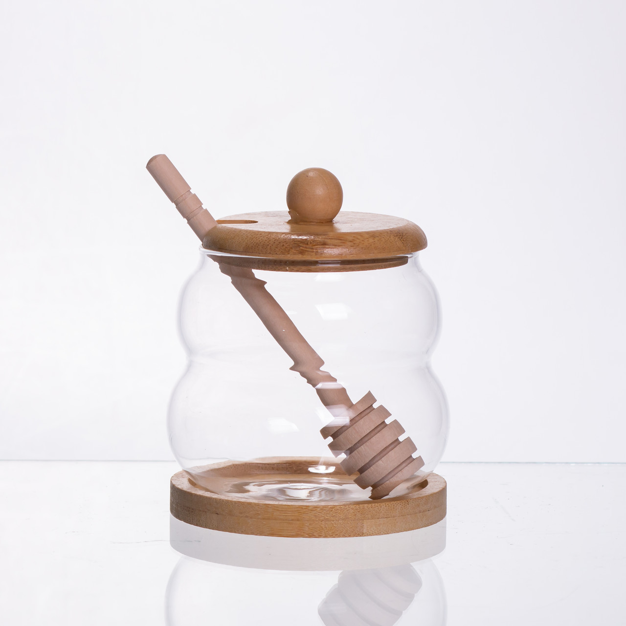 Скляна медовниця з бамбуковою підставкою та ложкою 350 мл 64486-8, фото 1