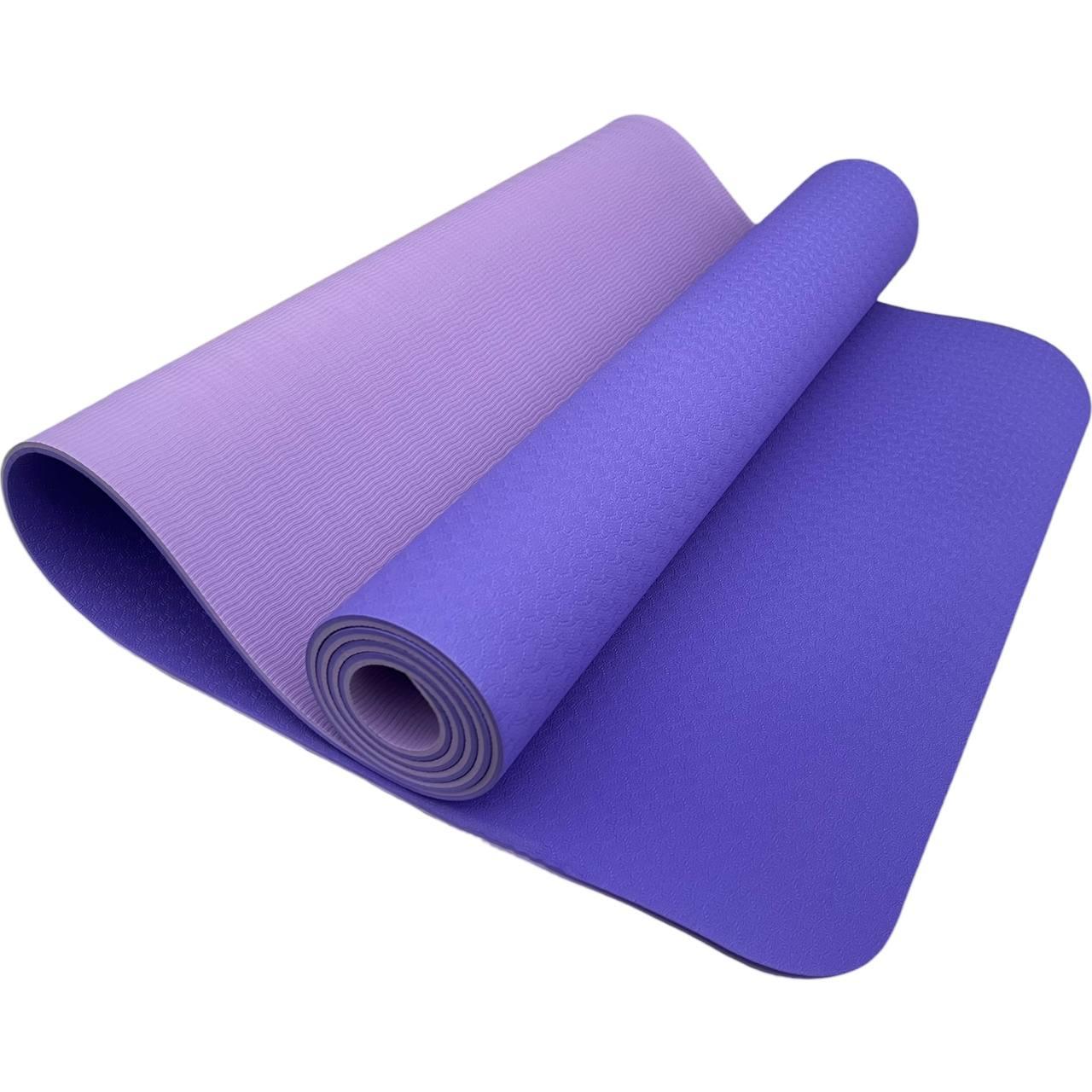 Преміум йога мат 1830×610×6 мм, не ковзаючий двошаровий килимок для фітнесу, TPE-ТС, блакитний верх/бузковий низ